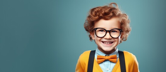 Excited child with glasses heading to school carrying a bag and book inside a classroom With copyspace for text