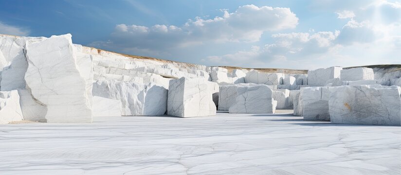 Beautiful textured white marble blocks in an abandoned quarry cloudy and horizontally cut With copyspace for text
