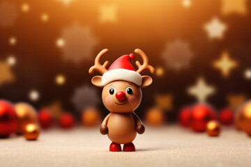Cute toy reindeer wearing santa hat.