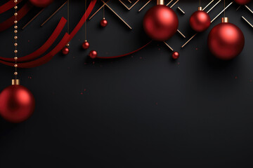 Hanging red christmas balls on black background with space for text.