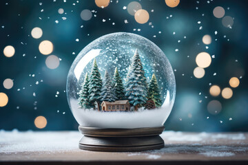 Snow globe with christmas tree and bokeh background.