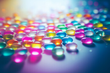 Tablets and capsules in all colors of the rainbow. Banner for pharmaceutical add