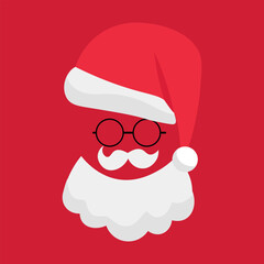 Santa Claus beard, glasses and hat on red background