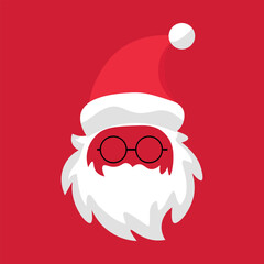 Santa Claus beard, glasses and hat on red background