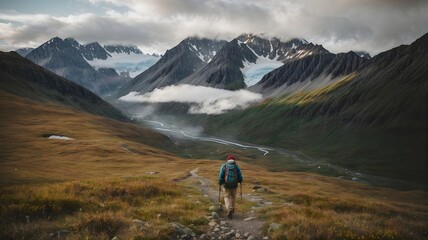 Fototapeta na wymiar Adventurous Hiker Embarking on an Epic Journey Amidst the Enchanting and Rugged Terrain of Thompson's Majestic Mountains