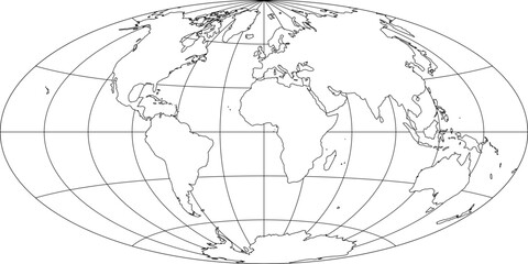 Simplified Map of World with latitude and longitude grid. Aitoff projection. White land with black stroke. Vector illustration. - 658823191