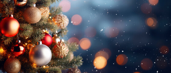 christmas tree with christmas decoration on background with golden glittering ornaments. Baubles And Blurred Shiny Lights
