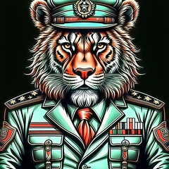 General or soldier with a head of tiger. graphic painted character in military uniform