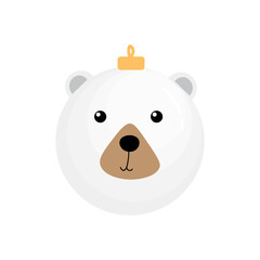 Creative Christmas ball in shape of polar bear's head on white background