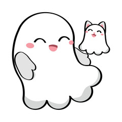 Cute happy ghosts of owner and cat on white background