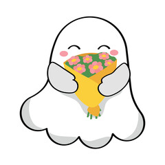 Cute ghost with bouquet of flowers on white background