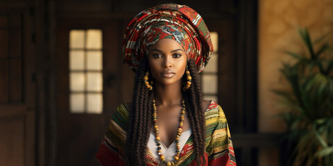 African woman in colorful traditional clothes.
