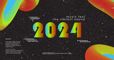 Lively 2024 sound wave music poster. Club party flyer. Electronic Music festival poster with abstract gradients waves music background neon colors. 90s style