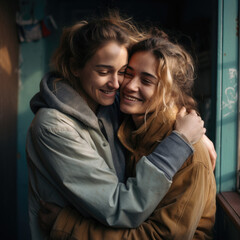 Two young woman hugging each other and smiling.