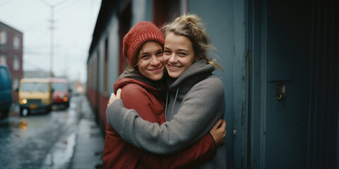 Two young woman hugging each other and smiling.