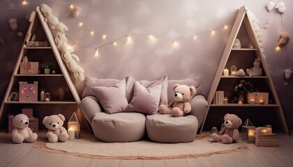 Fototapeta na wymiar Sofa with teddy bear and pillows, backdrop for studio photo portrait of child and mother