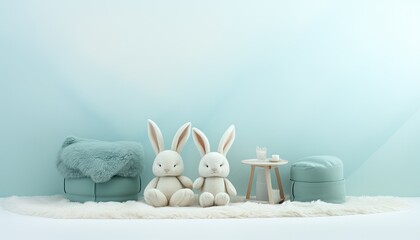 Minimalist background for studio photo portrait of child with plushed rabbits