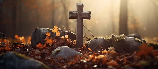Rolgordijnen Autumn graveyard with stone cross With copyspace for text © 2rogan