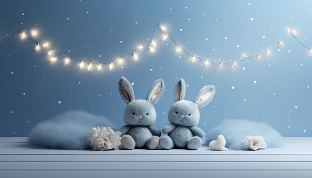 Minimalist background for studio photo portrait of child with plushed rabbits