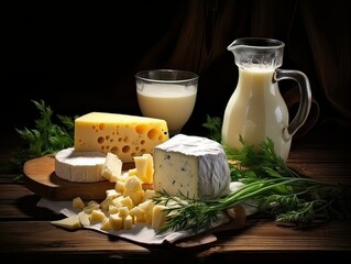 Table with board of different types of fresh cheeses, milk and herbs. AI