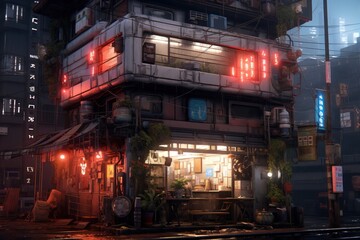 Fototapeta na wymiar AI generated cyberpunk building at street at night with glowing neon
