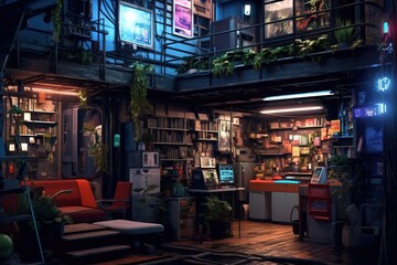 AI generated cyberpunk building at street at night with glowing neon
