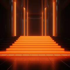 Fototapeta premium Abstract orange neon background, glowing vertical lines, illuminated stairs, fashion podium, performance stage