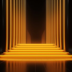 Yellow neon background, glowing vertical lines, illuminated stairs, fashion podium, performance stage