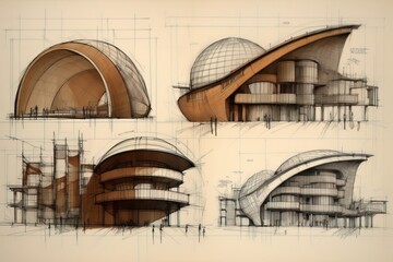 AI generated sketch of curve building architecture on white paper