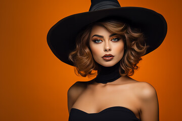 Portrait of blonde woman Halloween on orange background.