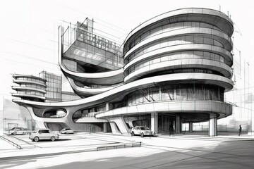 AI generated sketch of curve building architecture on white paper