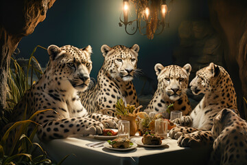 some leopards are sitting at the table eating , animal memes, humorous, funny - obrazy, fototapety, plakaty