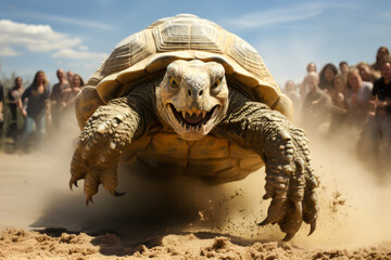 a giant tortoise is running in the desert in anger, to the astonishment of many people, animal memes, humorous, funny