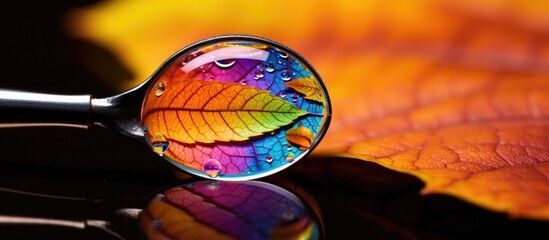 A water droplet acts as a rainbow magnifier on a leaf capturing ultra macro shots With copyspace for text