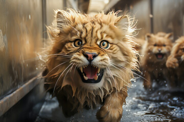 closeup of a wet and angry cat, animal memes, humorous, funny - obrazy, fototapety, plakaty