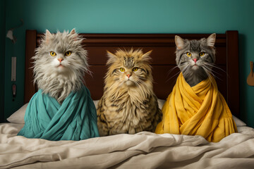 three cats are sitting on the bed, they have towels on their bodies, they just had a bath, animal memes, humorous, funny - obrazy, fototapety, plakaty