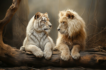 a brown lion next to a white tigress, they are sitting on a log looking at each other, animal memes, humorous, funny - obrazy, fototapety, plakaty