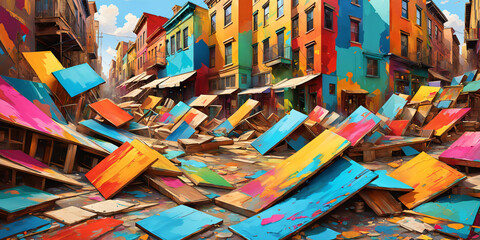 Vibrant Urban Chaos Streets Lined with Colorful Houses Amidst Artistic Disarray. Generative AI