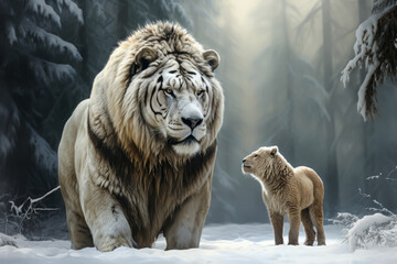 a lion and white tiger hybrid with his son lion in the snow, animal memes, humorous - obrazy, fototapety, plakaty