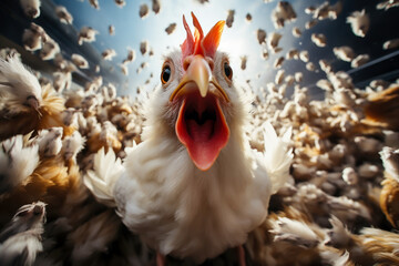 close-up of a rooster surrounded by lots of feathers, animal memes, humorous - obrazy, fototapety, plakaty