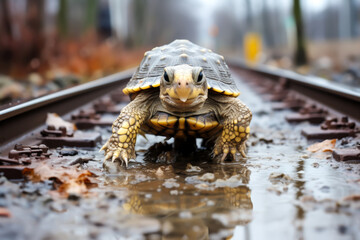 a turtle is walking on wet train tracks, animal memes, humorous, funny