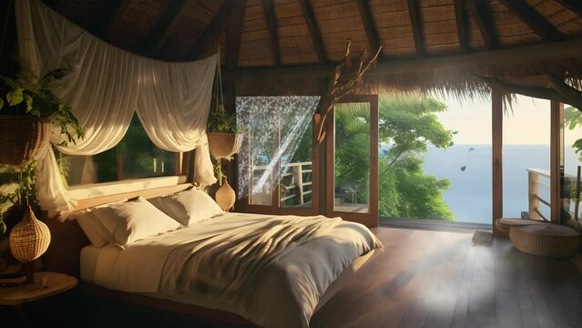 Atmosphere of the bedroom from a traditional house with beautiful tropical views. seamless looping 4K time-lapse video animation background