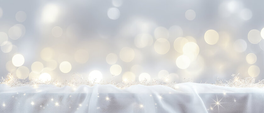 Bokeh winter background. Glitter vintage lights background.  silver and white.
