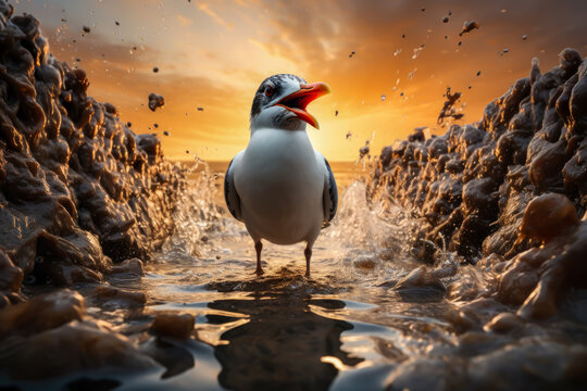 close-up of a seagull parting the waters at sea, animal memes, humorous