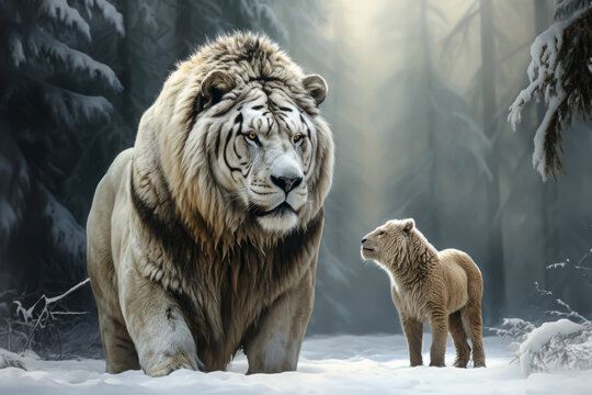 a lion and white tiger hybrid with his son lion in the snow, animal memes, humorous