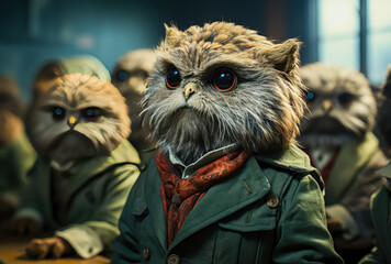 a child owl in human form is in class learning, animal memes, humorous, funny - obrazy, fototapety, plakaty