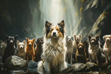 many dogs are sitting at the bottom of a cave, animal memes, humorous, funny - obrazy, fototapety, plakaty