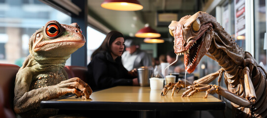 a giant mutant insect and a giant frog is sitting in a coffee shop drinking coffee normally,, animal memes, humorous, funny - obrazy, fototapety, plakaty