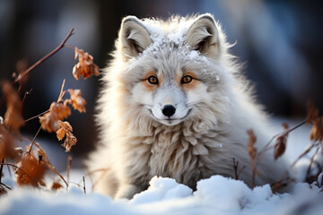 a white fox is smiling sitting in the snow, animal memes, humorous, funny - obrazy, fototapety, plakaty