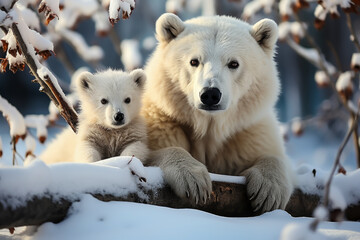 a polar bear and his cub are together in the snow, animal memes, humorous, funny - obrazy, fototapety, plakaty